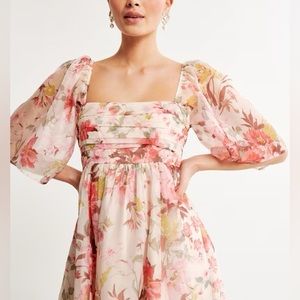 -Abercrombie Emerson Ruched Angel Sleeve Mini Organza Floral Babydoll Mini Dress